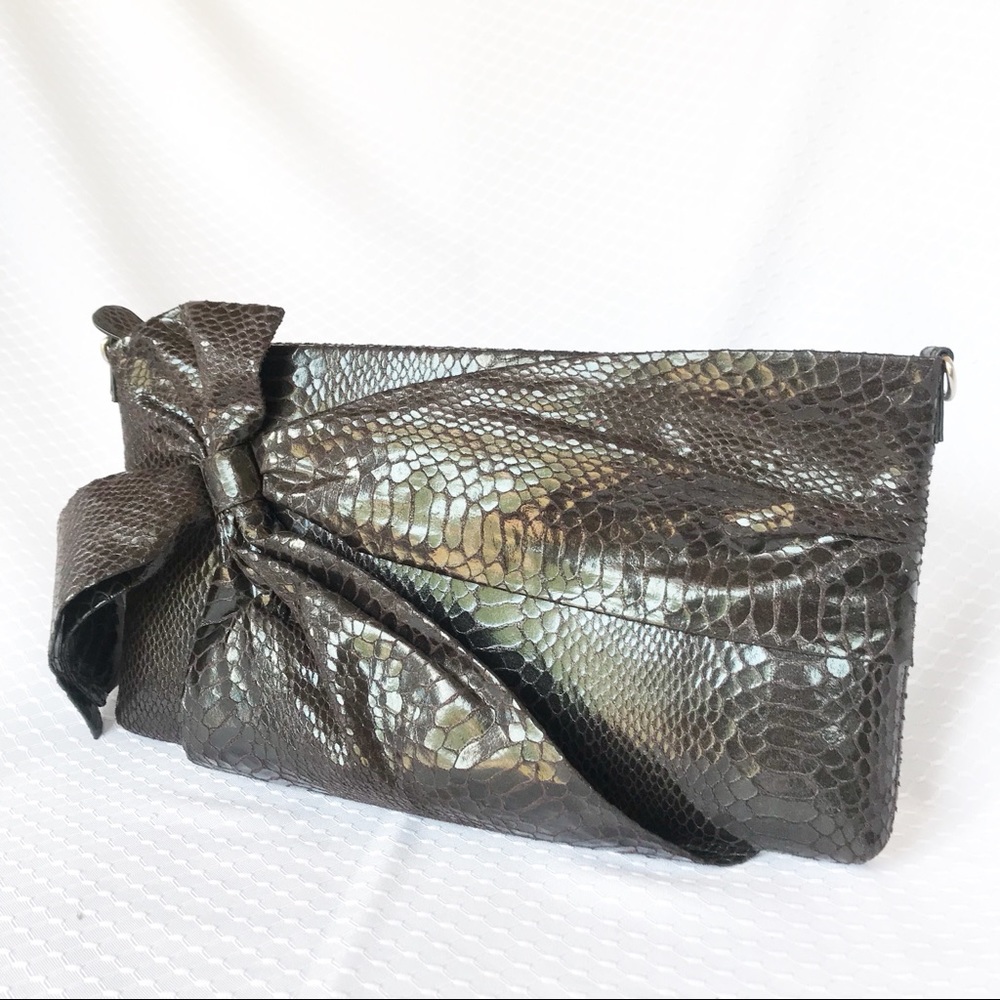 Black Faux Snakeskin Clutch with Bow Accent